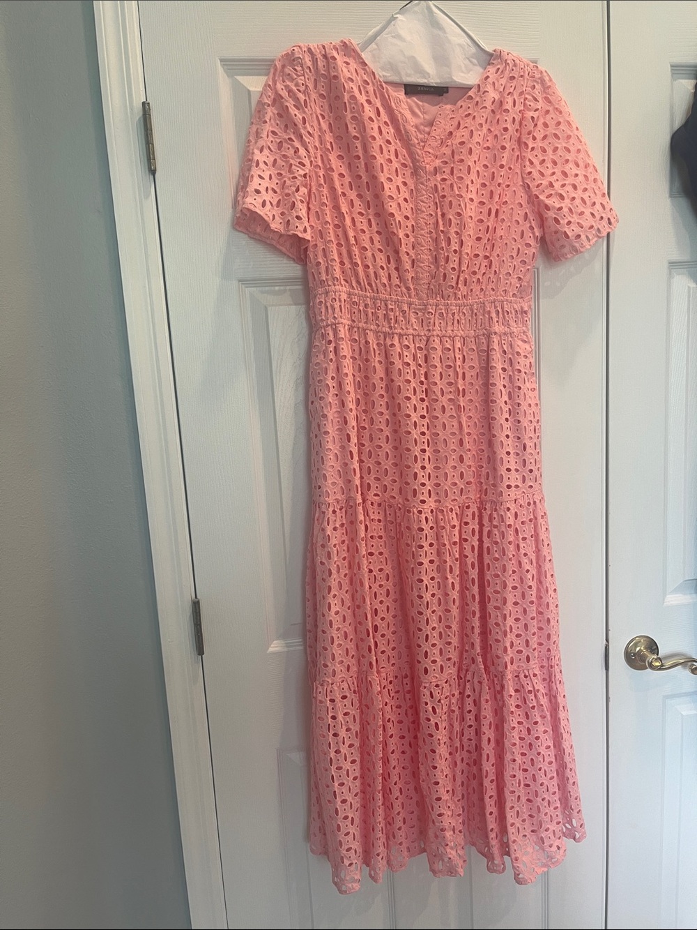 Women's Pink Eyelet Maxi Dress with Smocked Waist